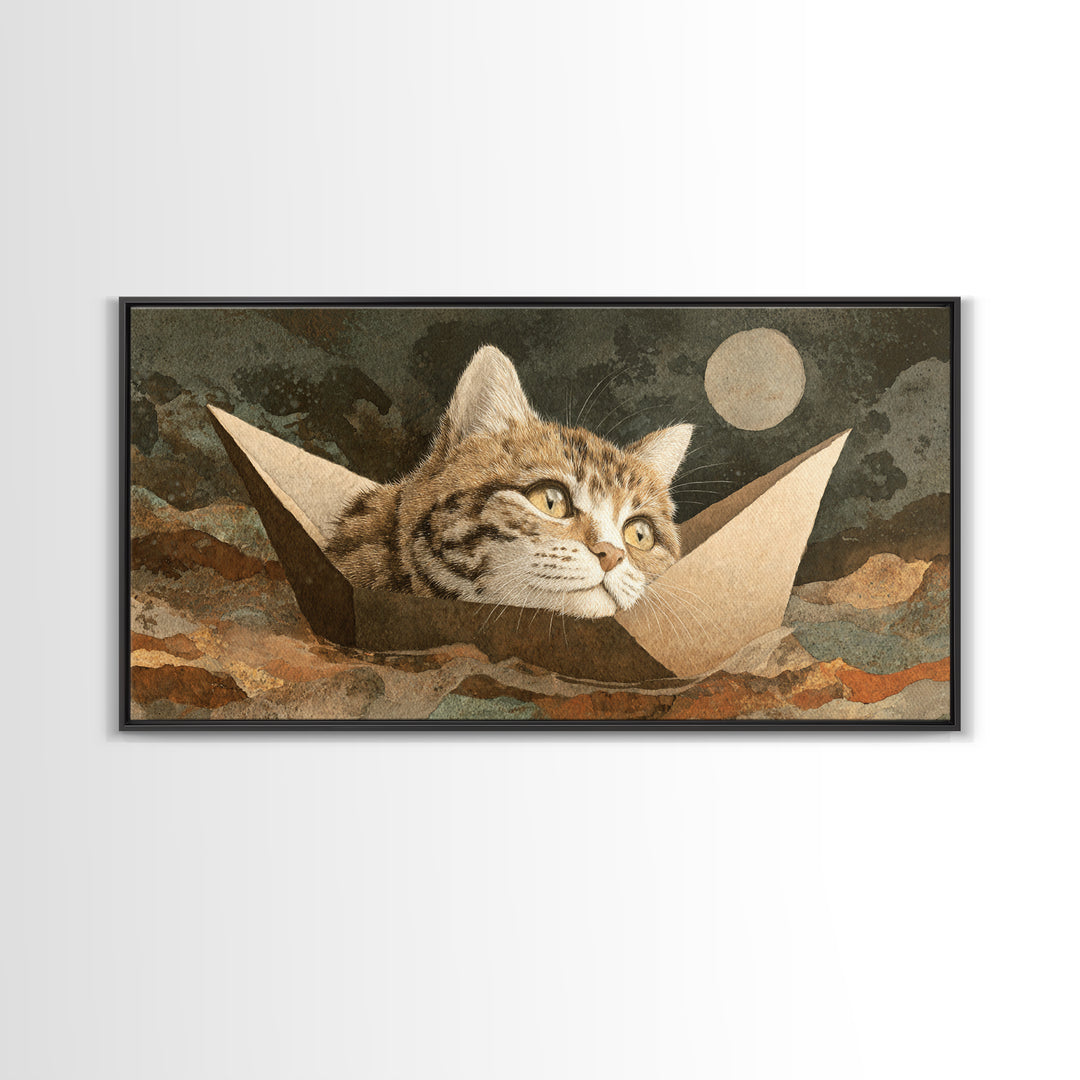 Cat Sailing a Paper Boat Canvas Print, Whimsical Art, Textured Painting, Living Room Decor, Fine Art, Wonder, Nursery Decor, WHI-2x1-22