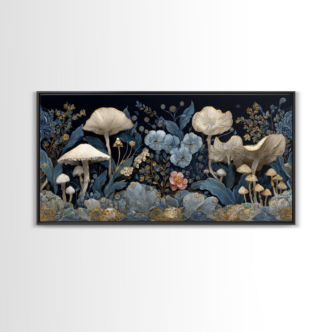 Teacup Garden with Tiny Mushrooms Framed Canvas Print, Whimsical Art, Minimalist Decor, Living Room Decor, Oil Painting, Wonder, WHI-2x1-24