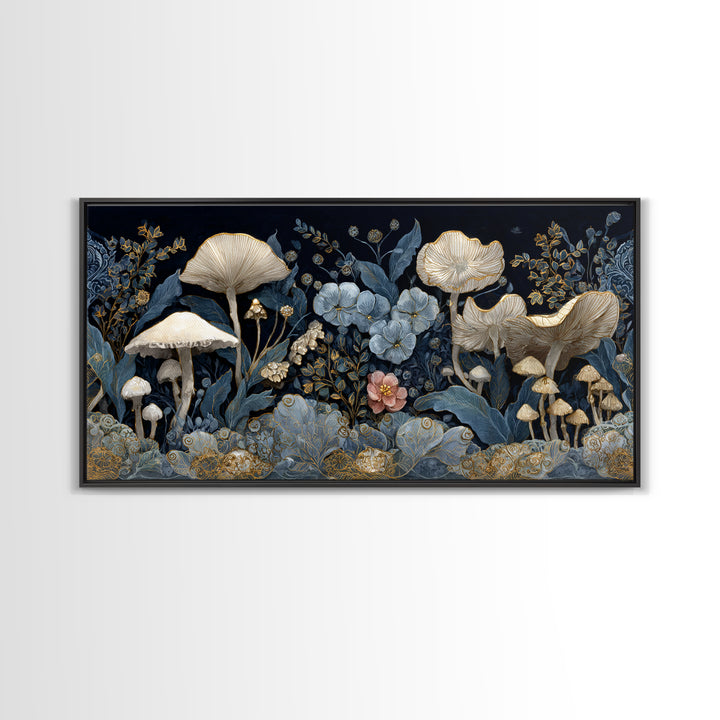 Teacup Garden with Tiny Mushrooms Framed Canvas Print, Whimsical Art, Minimalist Decor, Living Room Decor, Oil Painting, Wonder, WHI-2x1-24