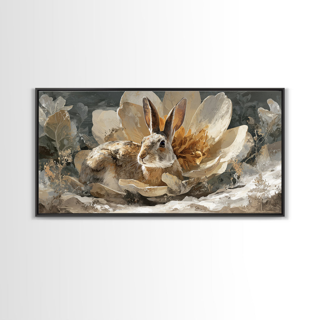 Rabbit Reading Beneath a Giant Flower Framed Canvas Print, Whimsical Art, Oil Painting, Living Room Decor, Wonder, WHI-2x1-25