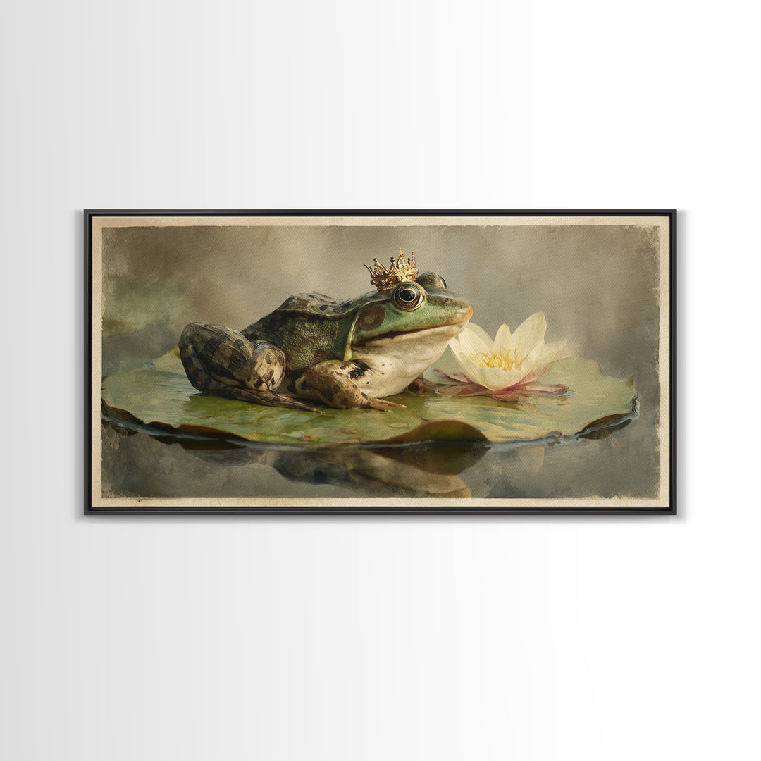 Frog Prince on a Lily Pad Framed Canvas Print, Whimsical Art, Contemporary Art, Living Room Decor, Wonder, Art Nouveau, WHI-2x1-28