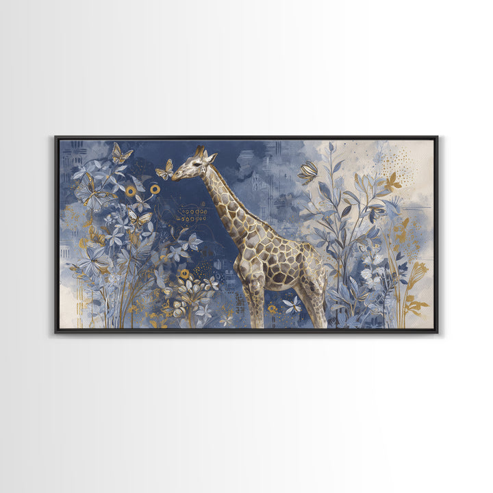 Giraffe with Scarf and Butterflies Framed Canvas Print, Whimsical Art, Minimalist Decor, Living Room Decor, Fine Art, Wonder, WHI-2x1-30