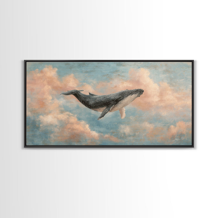 Whale Flying Through Clouds Like Ocean Framed Canvas Print, Whimsical Art, Art Print, Living Room Decor, Fine Art, Wonder, WHI-2x1-33