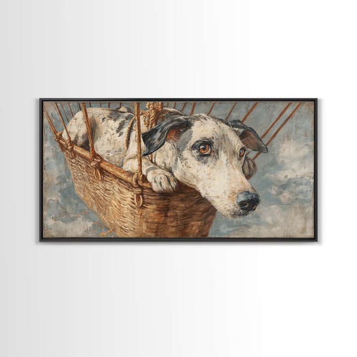 Dog in a Hot Air Balloon Framed Canvas Print, Whimsical Art, Contemporary Art, Living Room Decor, Fine Art, Wonder, Art Nouveau, WHI-2x1-34