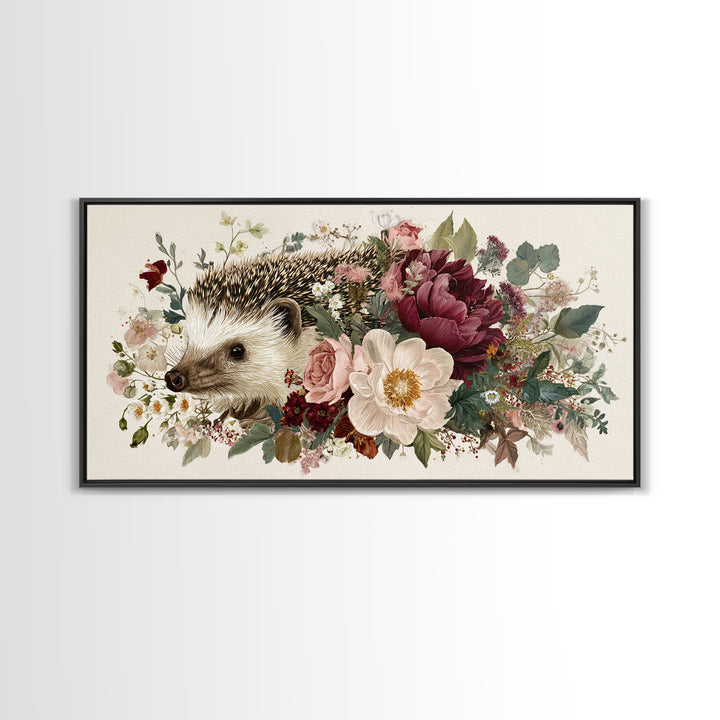 Hedgehog Carrying Wildflowers Framed Canvas Print, Whimsical Art, Wall Art, Living Room Decor, Watercolor Art, Wonder, WHI-2x1-35