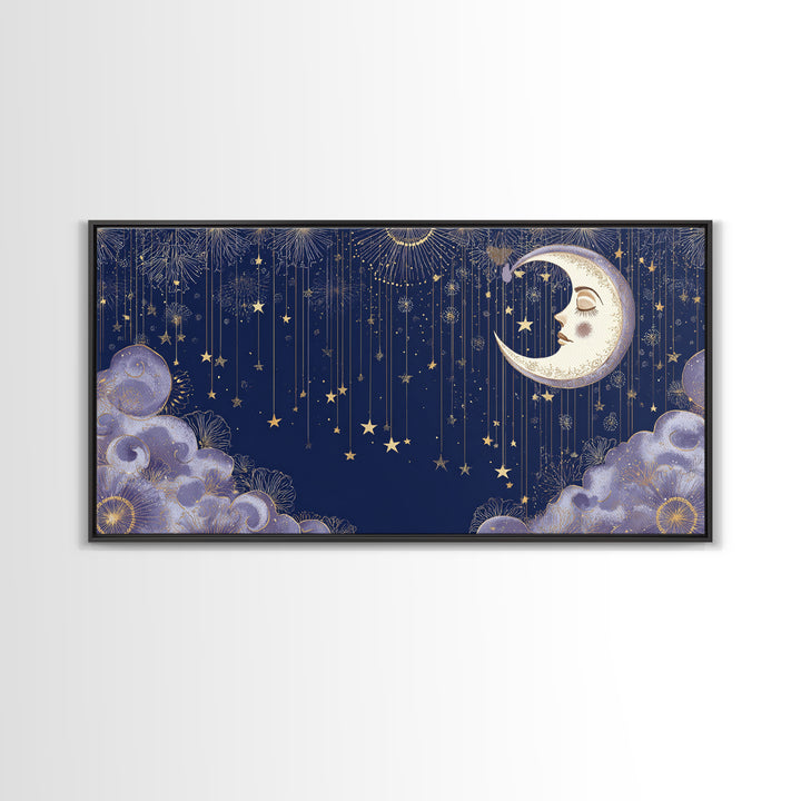 Moon with Sleeping Face and Dangling Stars Canvas Print, Whimsical Art, Home Decor, Living Room Decor, Fine Art, Wonder, WHI-2x1-36