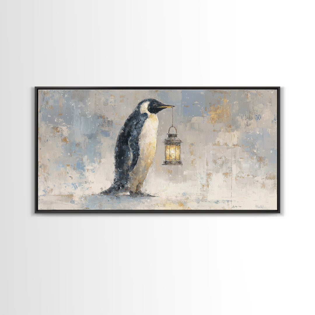 Penguin Holding a Lantern Framed Canvas Print, Whimsical Art, Digital Art, Living Room Decor, Fine Art, Wonder, Nursery, WHI-2x1-37