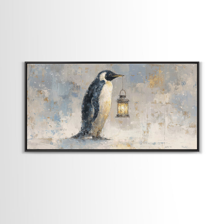 Penguin Holding a Lantern Framed Canvas Print, Whimsical Art, Digital Art, Living Room Decor, Fine Art, Wonder, Nursery, WHI-2x1-37