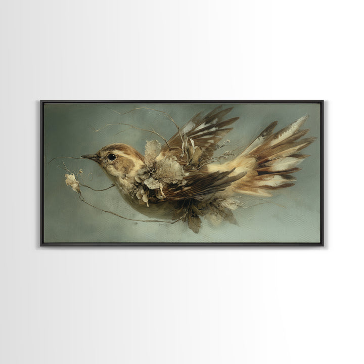 Bird Delivering a Tiny Love Letter Framed Canvas Print, Whimsical Art, Oil Painting, Living Room Decor, Fine Art, Wonder, WHI-2x1-43