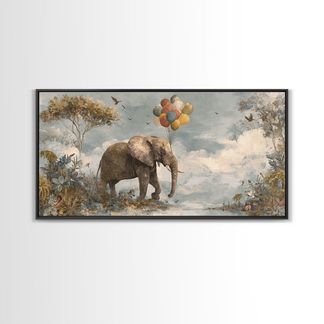 Elephant Holding Balloons Canvas Print, Whimsical Art, Whimsical, Living Room Decor, Oil Painting, Wonder, Nursery Art, WHI-2x1-47