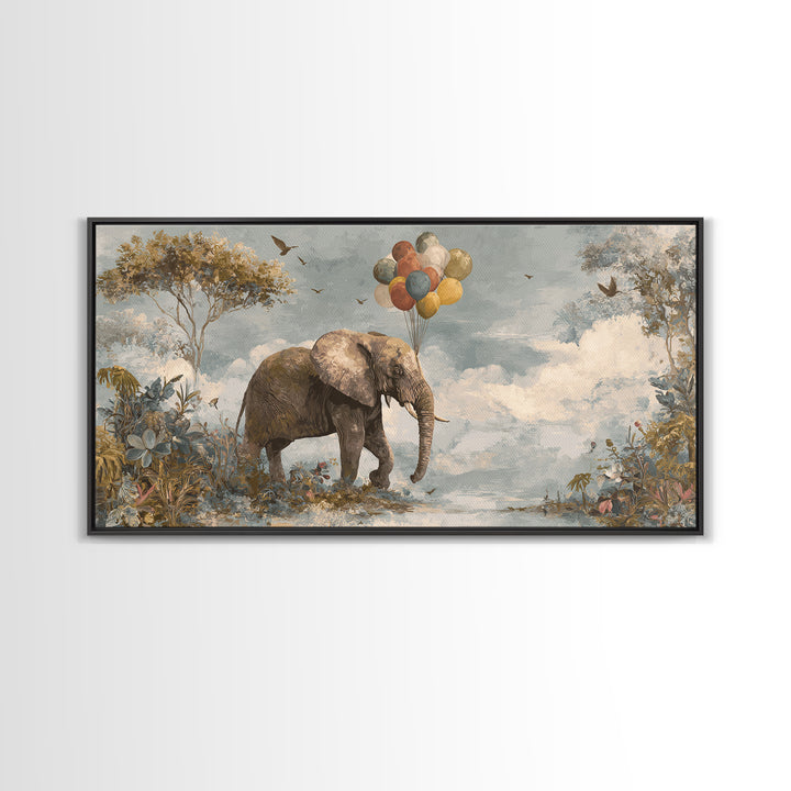 Elephant Holding Balloons Canvas Print, Whimsical Art, Whimsical, Living Room Decor, Oil Painting, Wonder, Nursery Art, WHI-2x1-47