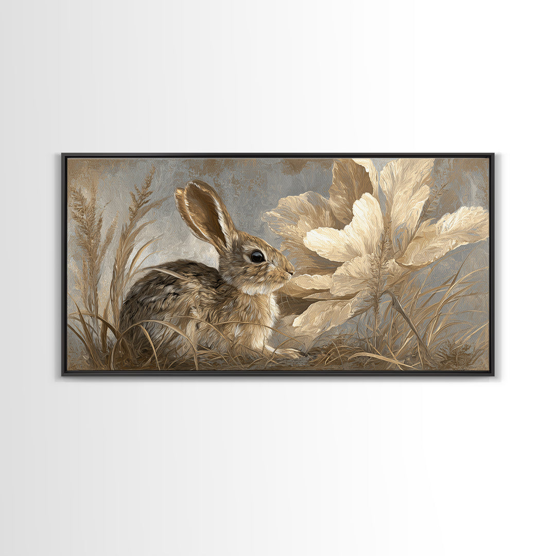 Rabbit Reading Beneath a Giant Flower Canvas Print, Whimsical Art, Digital Print, Living Room Decor, Watercolor Art, Wonder, WHI-2x1-49