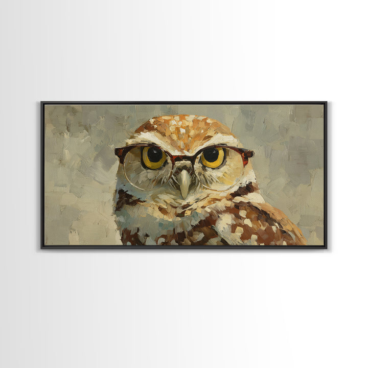Owl Wearing Spectacles Among Stars Framed Canvas Print, Whimsical Art, Prints, Living Room Decor, Wonder, Printable Art, WHI-2x1-50