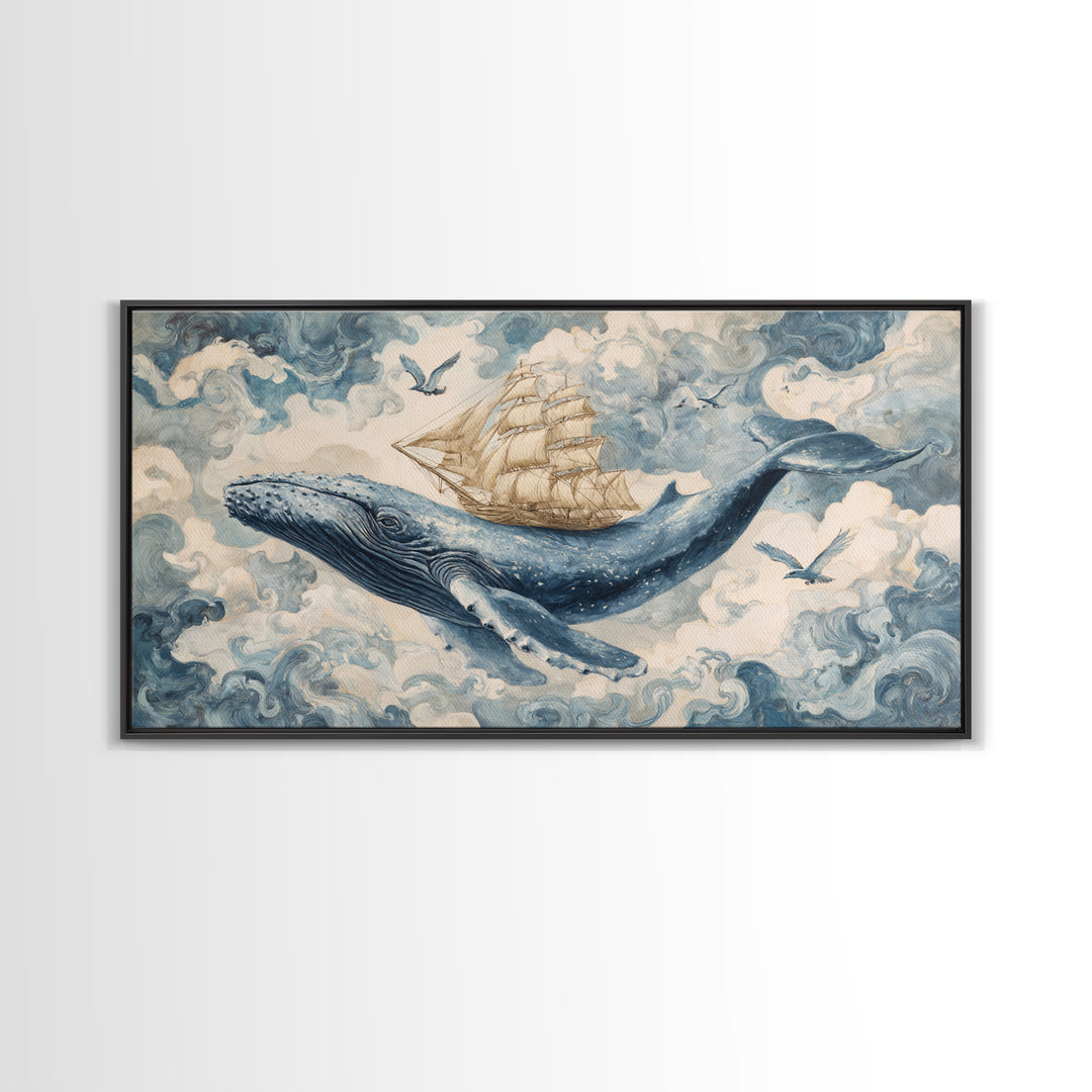Whale Flying Through Clouds Like Ocean Canvas Print, Whimsical Art, Original Art, Living Room Decor, Fine Art, Wonder, WHI-2x1-57