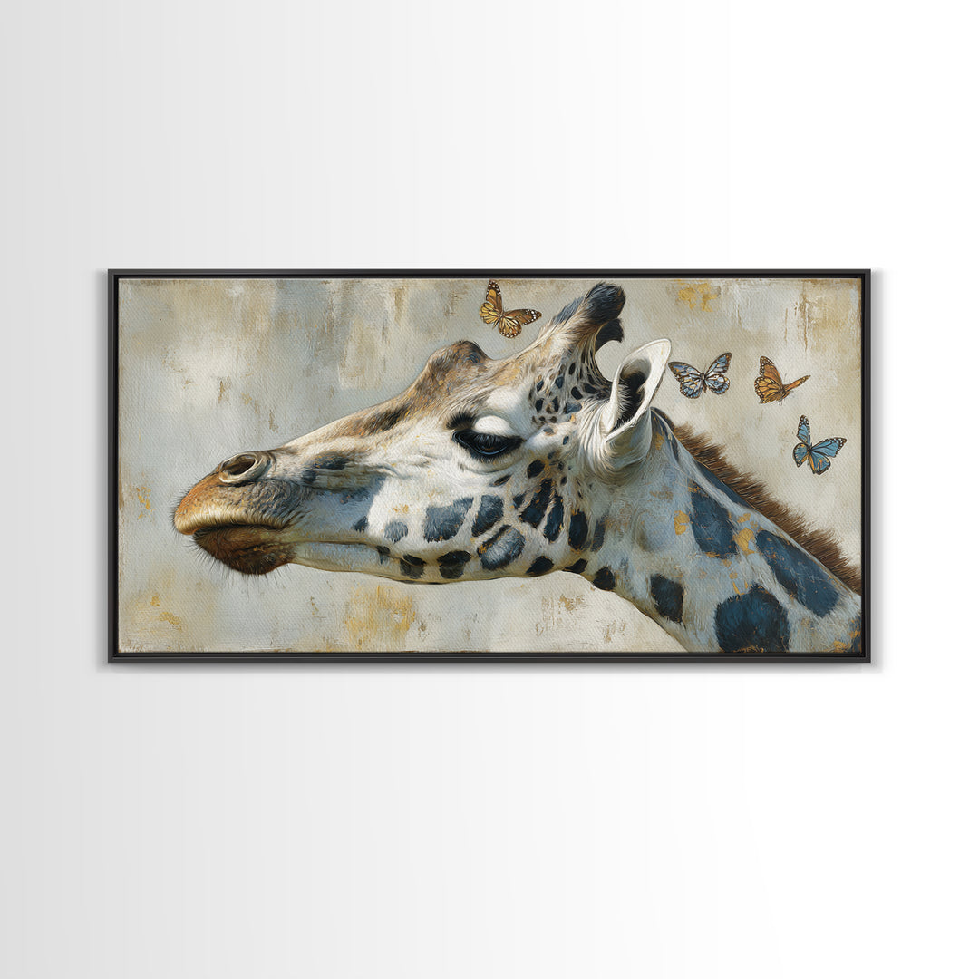 Giraffe with Scarf and Butterflies Framed Canvas Print, Whimsical Art, Minimalist Decor, Living Room Decor, Fine Art, Wonder, WHI-2x1-6