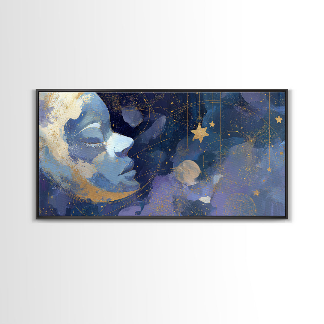Moon with Sleeping Face and Dangling Stars Framed Canvas Print, Whimsical Art, Printable Wall Art, Living Room Decor, Wonder, WHI-2x1-60