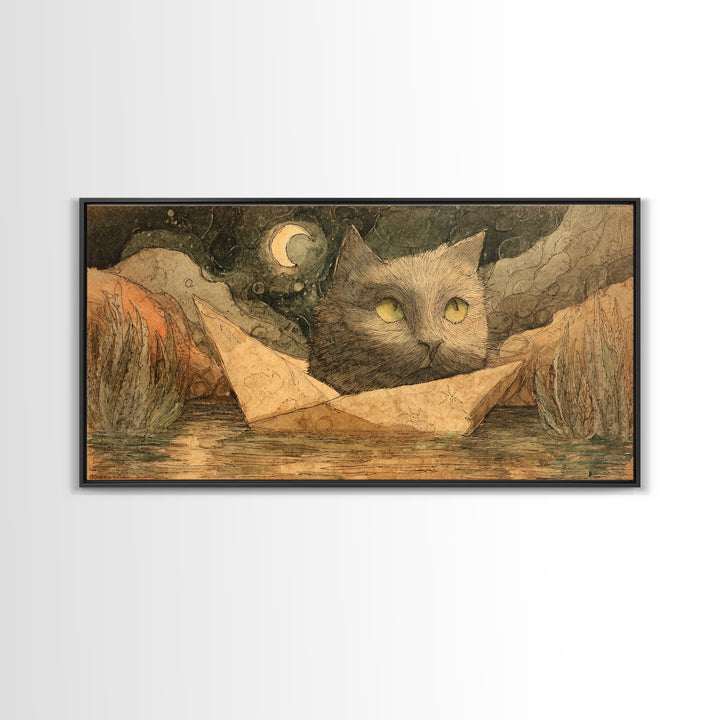 Cat Sailing a Paper Boat Canvas Print, Whimsical Art, Oil Painting, Living Room Decor, Fine Art, Wonder, Dark Academia Decor, WHI-2x1-70