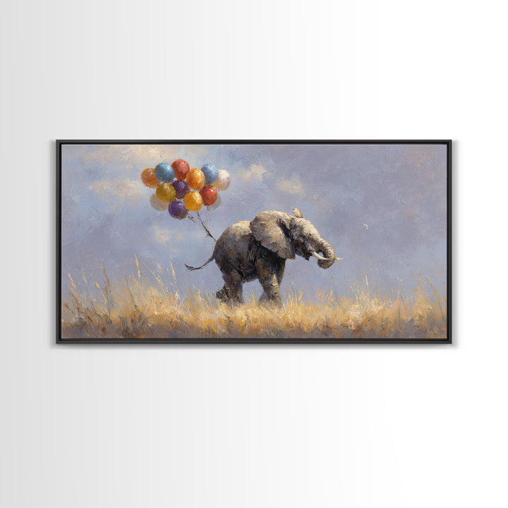 Elephant Holding Balloons Canvas Print, Whimsical Art, Bird Art, Living Room Decor, Abstract Art, Wonder, Textured Painting, WHI-2x1-71