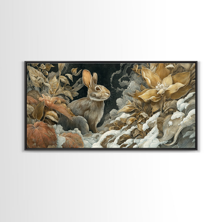 Rabbit Reading Beneath a Giant Flower Canvas Print, Whimsical Art, Digital Print, Living Room Decor, Watercolor Art, Wonder, WHI-2x1-73