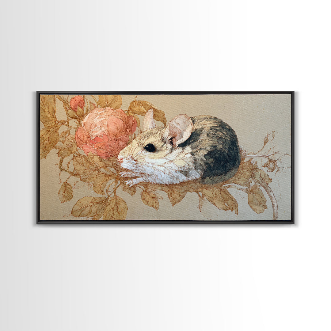 Mouse Ballerina in a Rose Garden Framed Canvas Print, Whimsical Art, Cat Art, Living Room Decor, Watercolor Art, Wonder, WHI-2x1-79