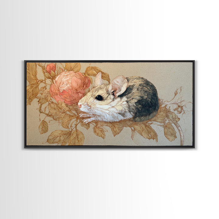 Mouse Ballerina in a Rose Garden Framed Canvas Print, Whimsical Art, Cat Art, Living Room Decor, Watercolor Art, Wonder, WHI-2x1-79