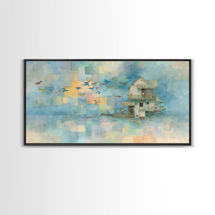 Whale Flying Through Clouds Like Ocean Framed Canvas Print, Whimsical Art, Printable Art, Living Room Decor, Watercolor Art, WHI-2x1-81