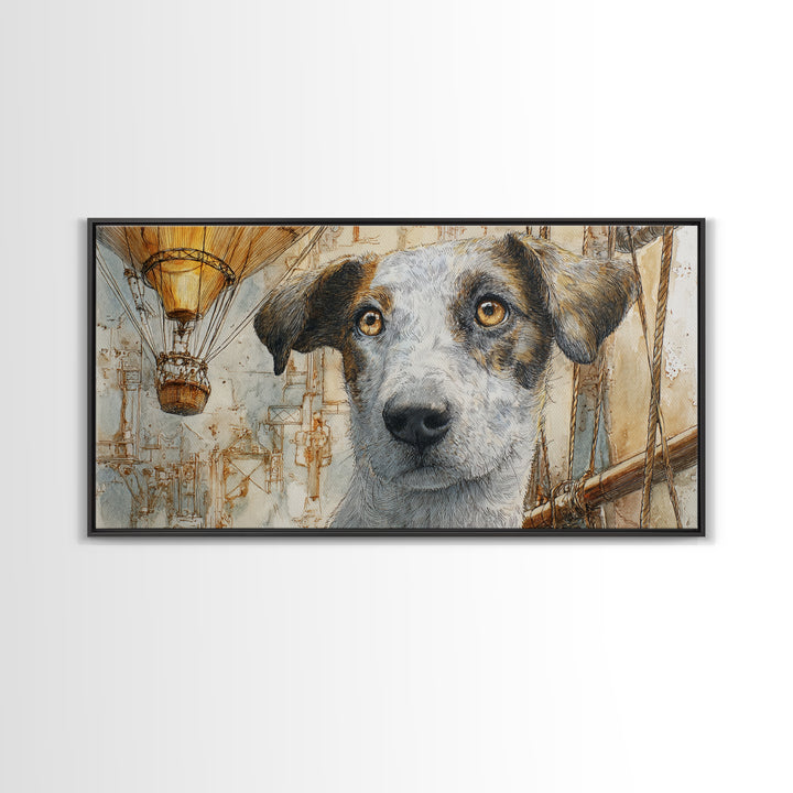 Dog in a Hot Air Balloon Canvas Print, Whimsical Art, Digital Art, Living Room Decor, Wonder, Nursery, Abstract Wall Art, WHI-2x1-82