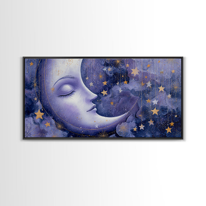 Moon with Sleeping Face and Dangling Stars Framed Canvas Print, Whimsical Art, Living Room Decor, Wonder, Gallery Decor, WHI-2x1-84