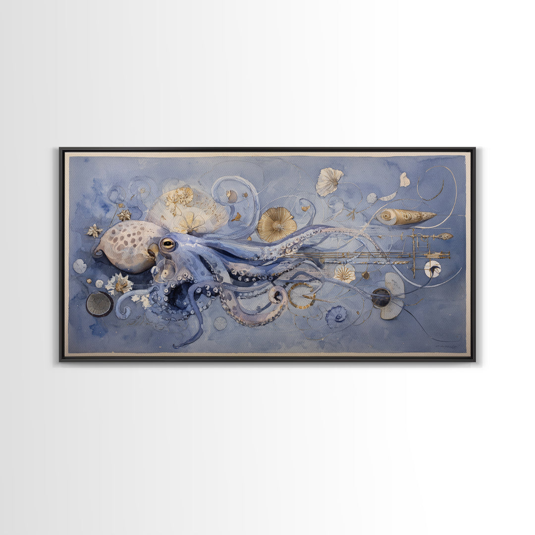 Octopus Conductor with Tiny Instruments Framed Canvas Print, Whimsical Art, Pet Portrait, Living Room Decor, Fine Art, Wonder, WHI-2x1-86