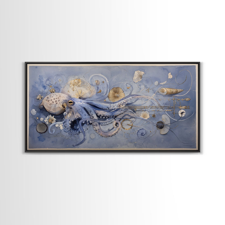 Octopus Conductor with Tiny Instruments Framed Canvas Print, Whimsical Art, Pet Portrait, Living Room Decor, Fine Art, Wonder, WHI-2x1-86