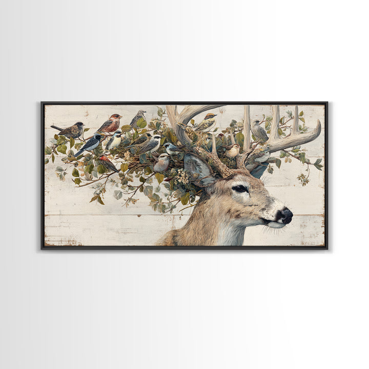 Deer with Antlers Full of Birds Framed Canvas Print, Whimsical Art, Nursery Wall Decor, Living Room Decor, Fine Art, Wonder, WHI-2x1-87