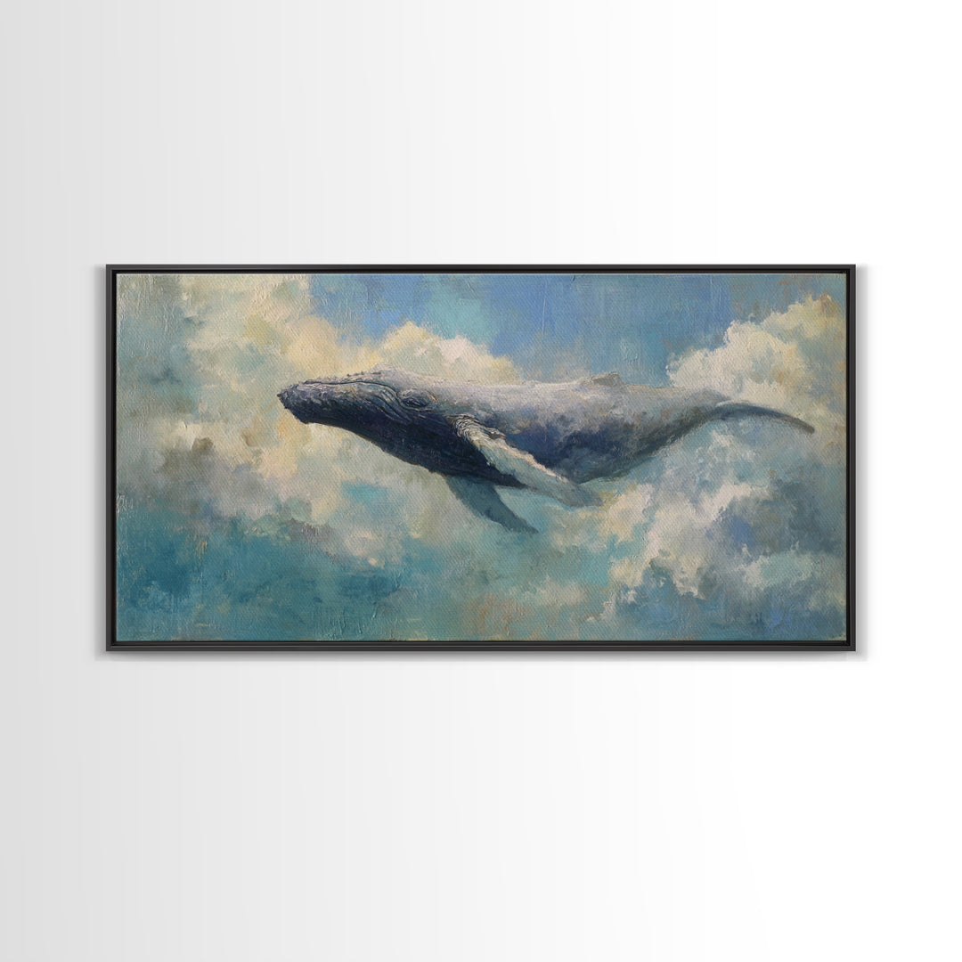 Whale Flying Through Clouds Like Ocean Framed Canvas Print, Whimsical Art, Art Print, Living Room Decor, Fine Art, Wonder, WHI-2x1-9