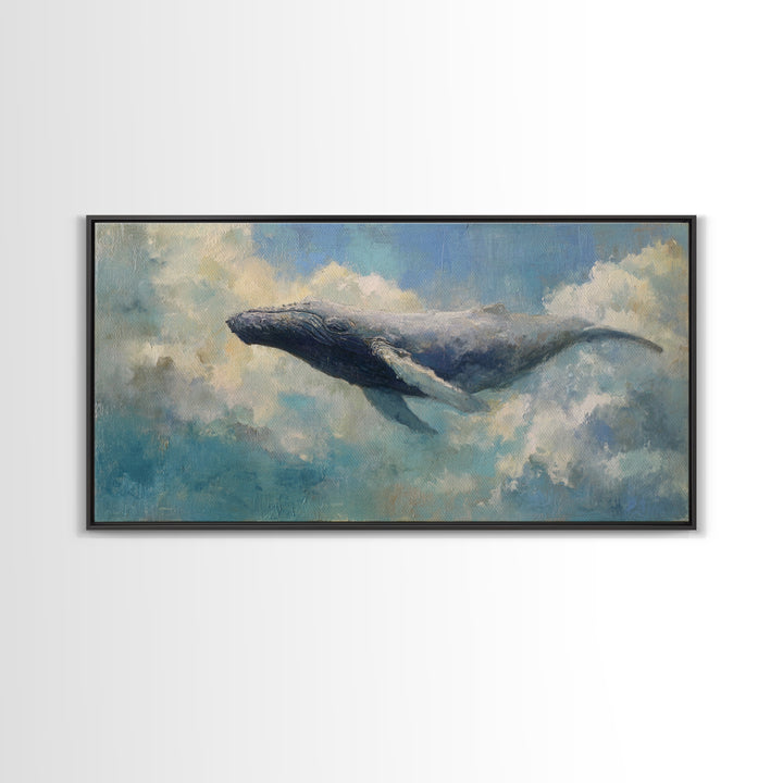 Whale Flying Through Clouds Like Ocean Framed Canvas Print, Whimsical Art, Art Print, Living Room Decor, Fine Art, Wonder, WHI-2x1-9