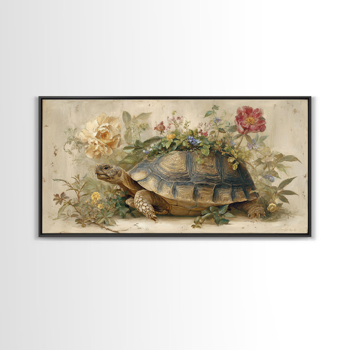 Turtle with Garden Growing on Shell Framed Canvas Print, Whimsical Art, Printable Wall Art, Living Room Decor, Fine Art, Wonder, WHI-2x1-90
