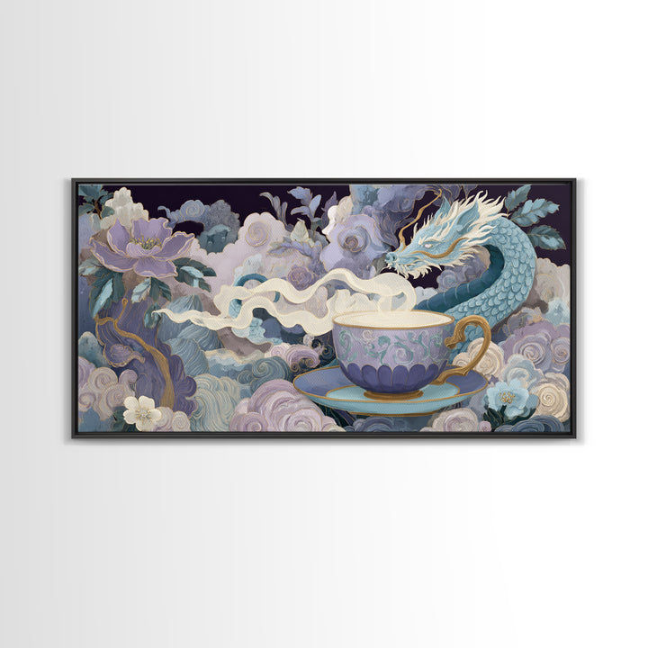 Dragon Curled Around a Teacup Framed Canvas Print, Whimsical Art, Whimsical, Living Room Decor, Oil Painting, Wonder, WHI-2x1-92