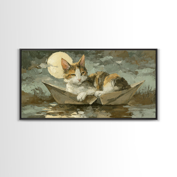 Cat Sailing a Paper Boat Canvas Print, Whimsical Art, Oil Painting, Living Room Decor, Fine Art, Wonder, Dark Academia Decor, WHI-2x1-94