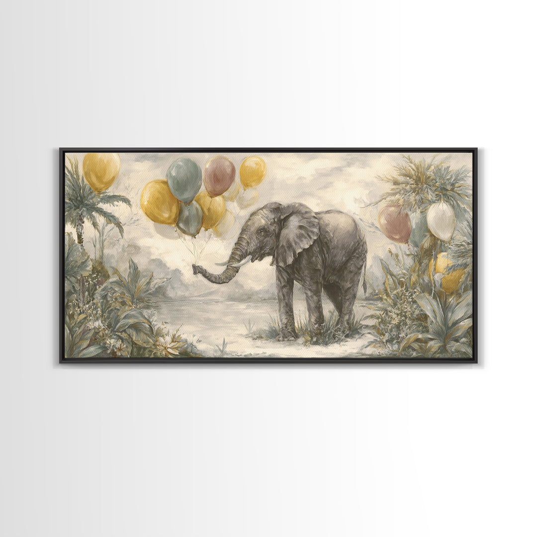 Elephant Holding Balloons Framed Canvas Print, Whimsical Art, Neutral Decor, Living Room Decor, Fine Art, Wonder, Home Decor, WHI-2x1-95