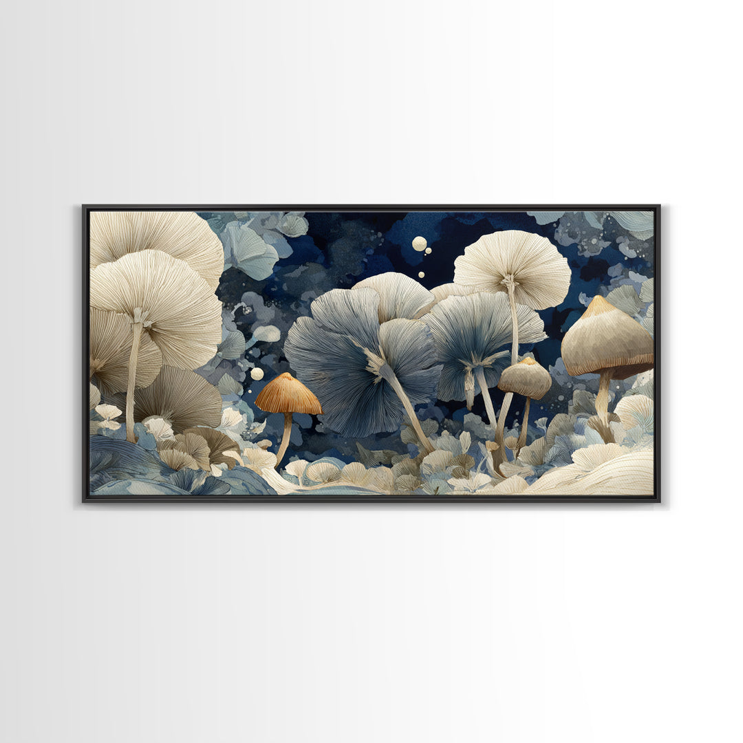 Teacup Garden with Tiny Mushrooms Framed Canvas Print, Whimsical Art, Dopamine Decor, Living Room Decor, Fine Art, Wonder, WHI-2x1-96