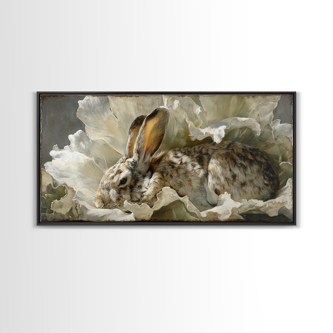 Rabbit Reading Beneath a Giant Flower Framed Canvas Print, Whimsical Art, Abstract Wall Art, Living Room Decor, Watercolor Art, WHI-2x1-97