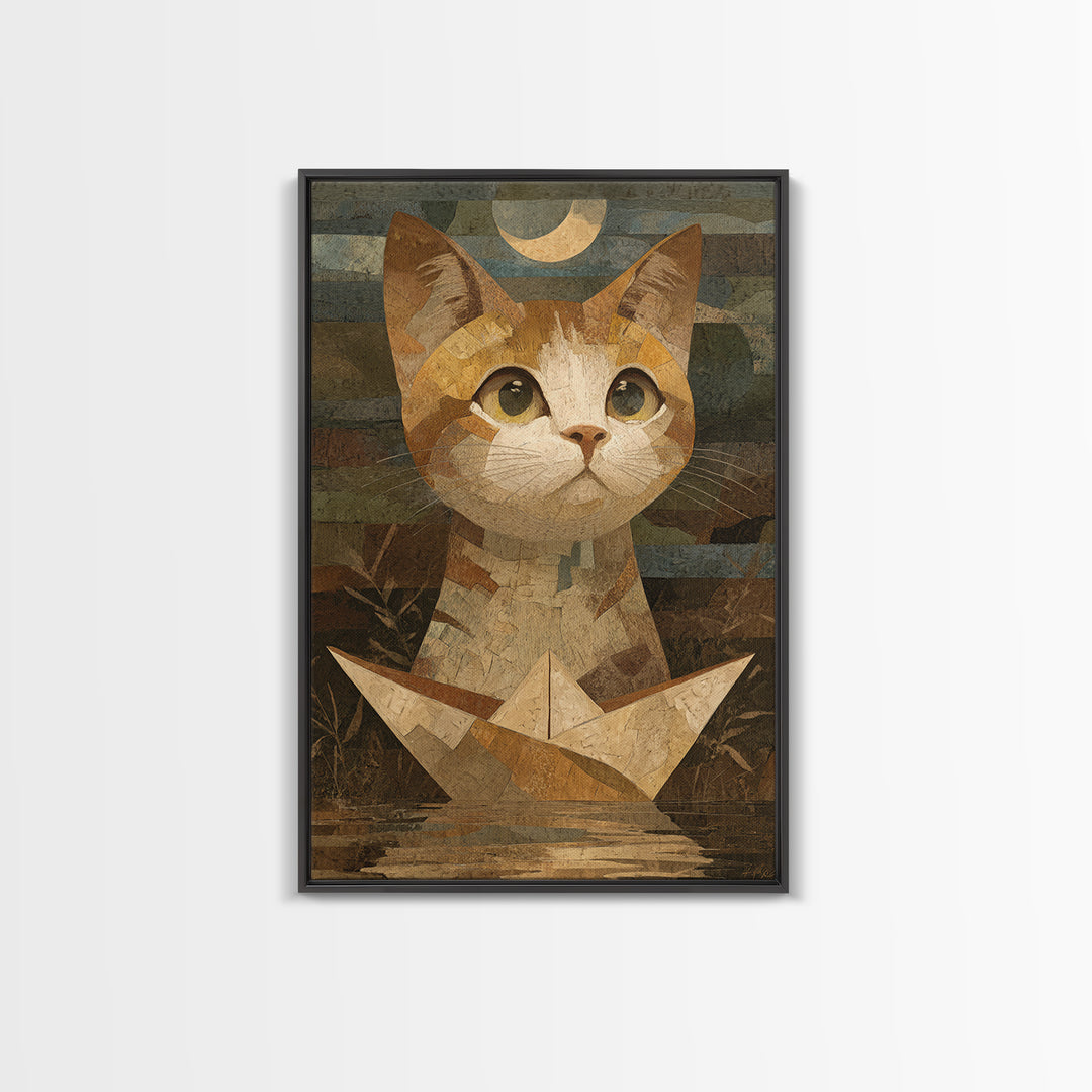 Cat Sailing a Paper Boat Canvas Print, Whimsical Art, Contemporary Art, Living Room Decor, Fine Art, Wonder, Art Nouveau, WHI-2x3-10