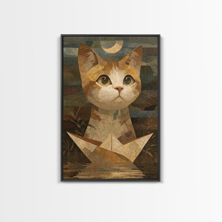 Cat Sailing a Paper Boat Canvas Print, Whimsical Art, Contemporary Art, Living Room Decor, Fine Art, Wonder, Art Nouveau, WHI-2x3-10