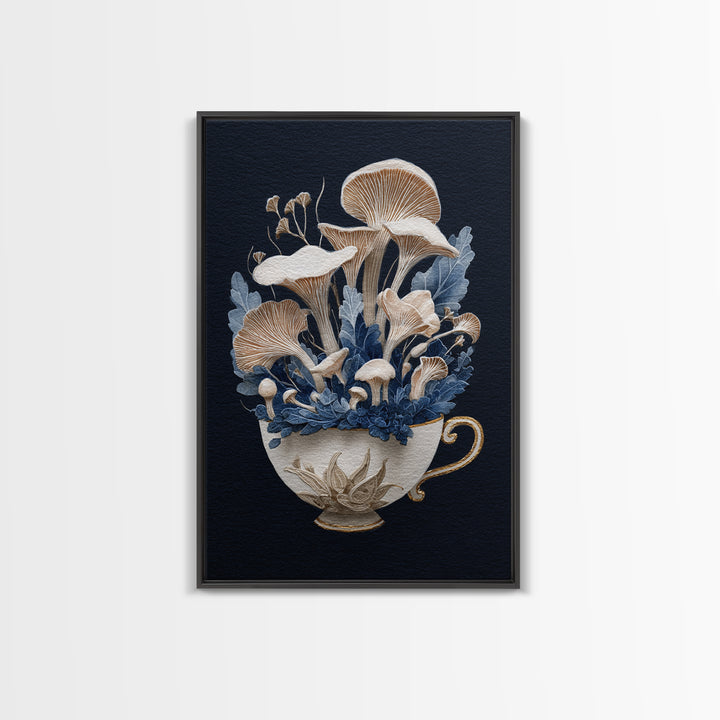 Teacup Garden with Tiny Mushrooms Framed Canvas Print, Whimsical Art, Printable Wall Art, Living Room Decor, Fine Art, Wonder, WHI-2x3-12