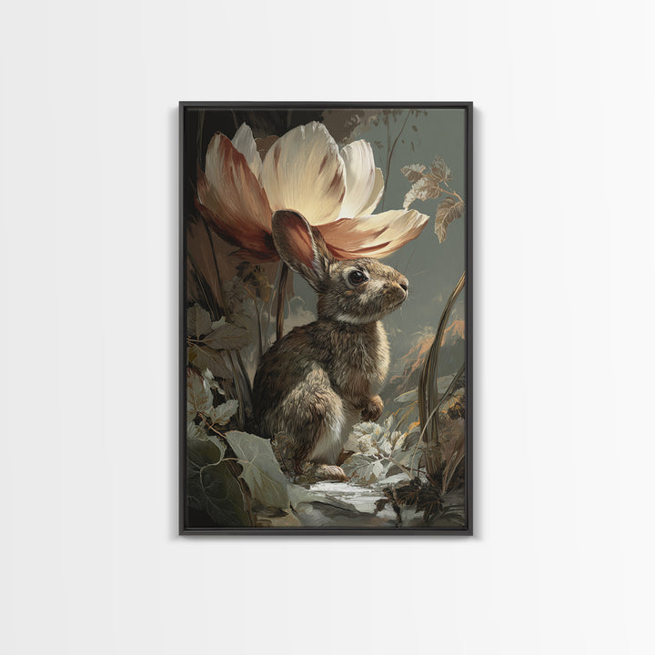 Rabbit Reading Beneath a Giant Flower Framed Canvas Print, Whimsical Art, Nursery Wall Art, Living Room Decor, Fine Art, Wonder, WHI-2x3-13