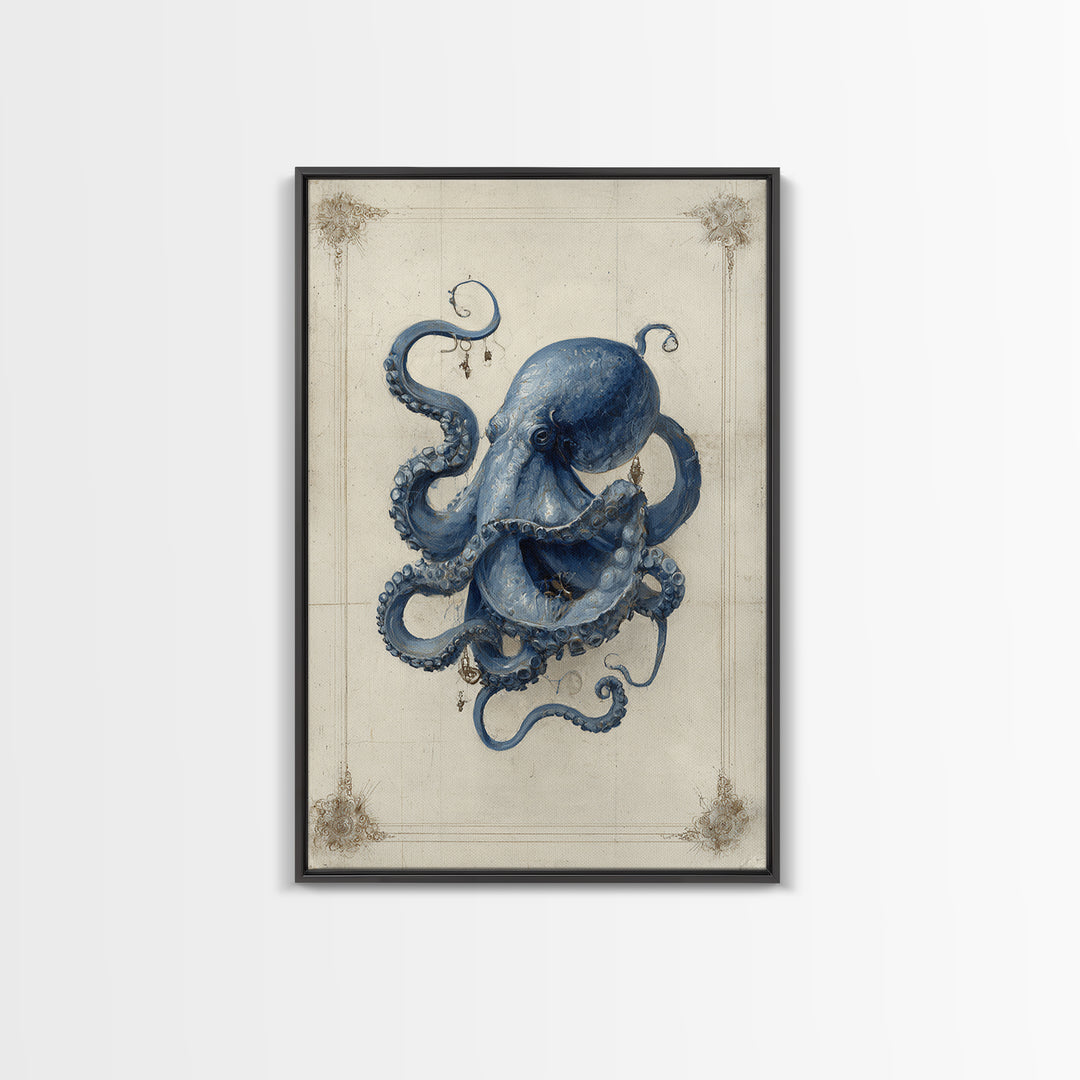 Octopus Conductor with Tiny Instruments Framed Canvas Print, Whimsical Art, Living Room Decor, Abstract Art, Wonder, WHI-2x3-2