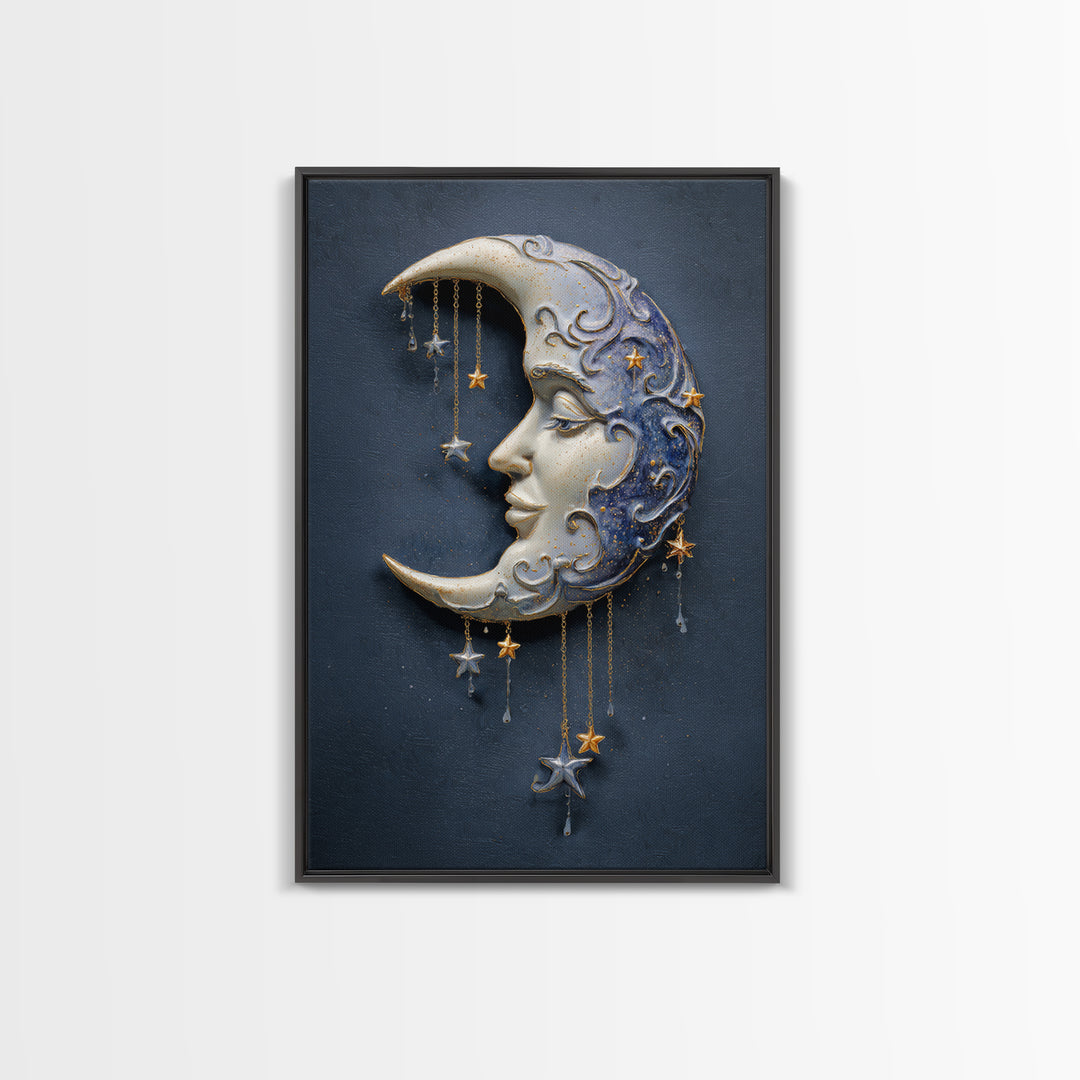 Moon with Sleeping Face and Dangling Stars Framed Canvas Print, Whimsical Art, Modern Decor, Living Room Decor, Wonder, WHI-2x3-24
