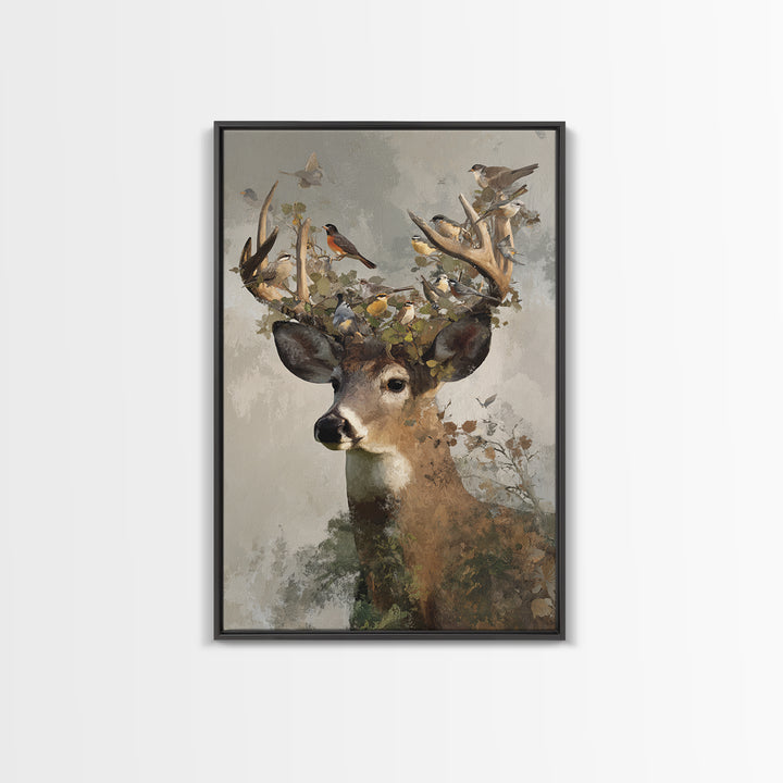 Deer with Antlers Full of Birds Framed Canvas Print, Whimsical Art, Room Decor, Living Room Decor, Wonder, Oil Painting, WHI-2x3-3