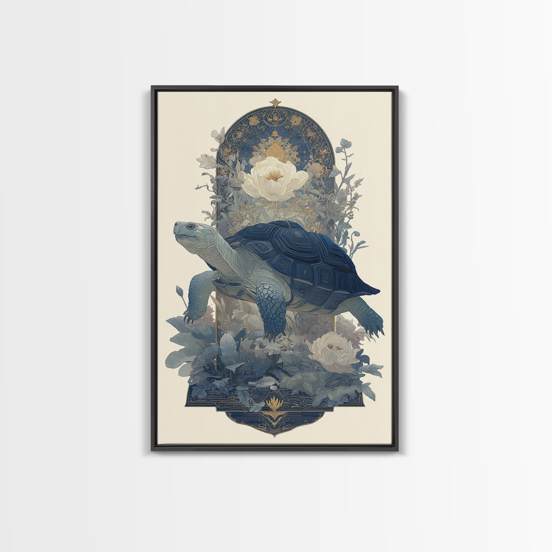 Turtle with Garden Growing on Shell Framed Canvas Print, Whimsical Art, Minimalist Decor, Living Room Decor, Oil Painting, WHI-2x3-30