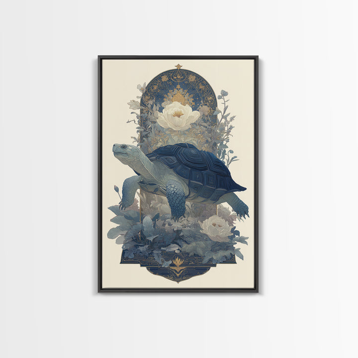 Turtle with Garden Growing on Shell Framed Canvas Print, Whimsical Art, Minimalist Decor, Living Room Decor, Oil Painting, WHI-2x3-30