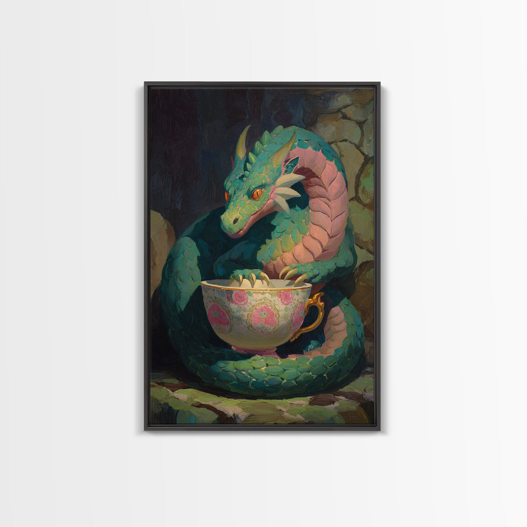 Dragon Curled Around a Teacup Canvas Print, Whimsical Art, Statement Artwork, Living Room Decor, Fine Art, Wonder, Art Print, WHI-2x3-32
