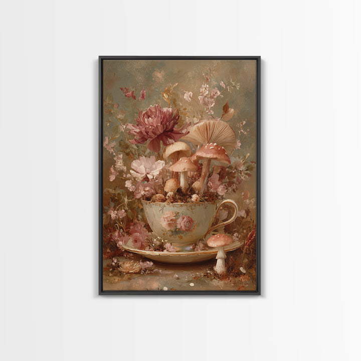 Teacup Garden with Tiny Mushrooms Framed Canvas Print, Whimsical Art, Watercolor Art, Living Room Decor, Fine Art, Wonder, WHI-2x3-36